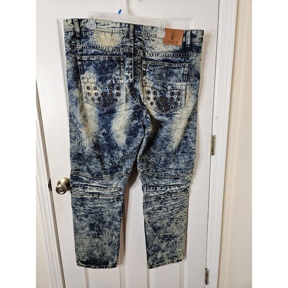 Makobi Jeans Moto Biker Blue Acid Wash Distressed Denim Mens 42x32 - Picture 8 of 12